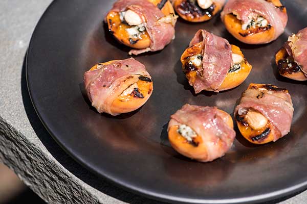 Grilled Apricots Stuffed with Blue Cheese and Marcona Almonds, Wrapped in Parma Ham