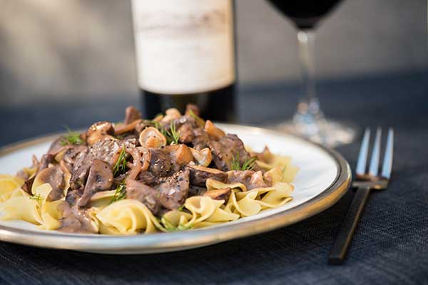 Red Wine Infused Beef Stroganoff with Mushroom Medley