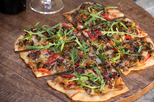 Roasted Red Pepper and Hamburger Pizza with Smoked Mozzarella and Fresh Arugula