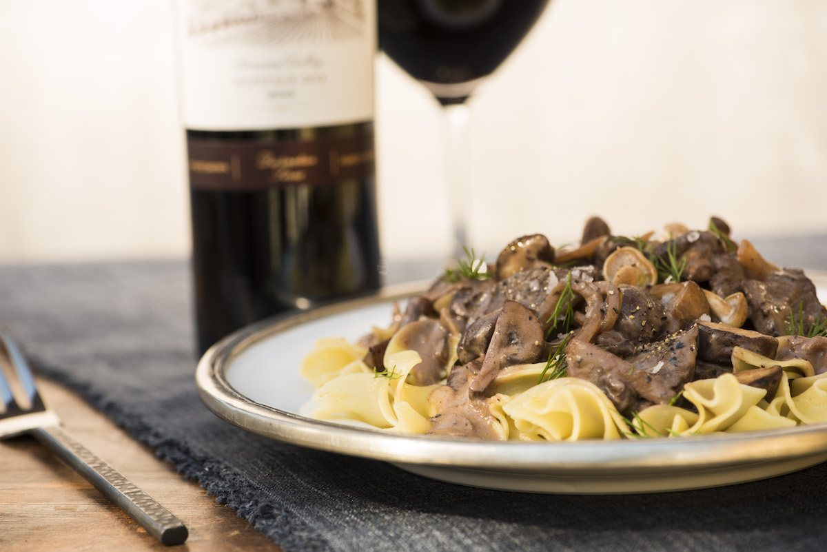 Red Wine Infused Beef Stroganoff with Mushroom Medley