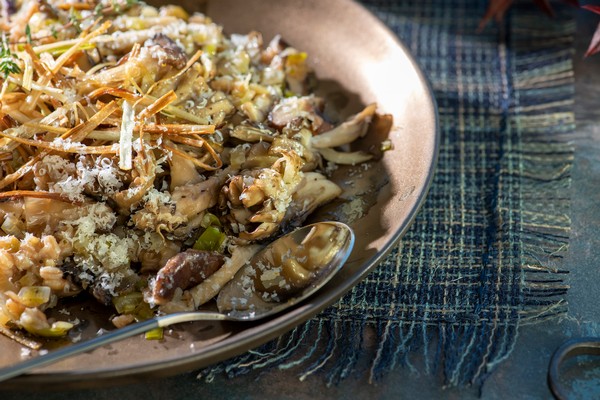 Farro Mushroom Risotto with Crispy Leeks