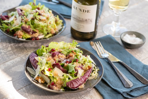 Winter Greens with Walnuts and a Pancetta Dressing