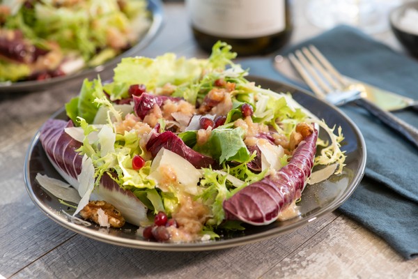 Frisse, Arugula and Romaine Salad with Toasted Walnuts and Pancetta Vinaigrette