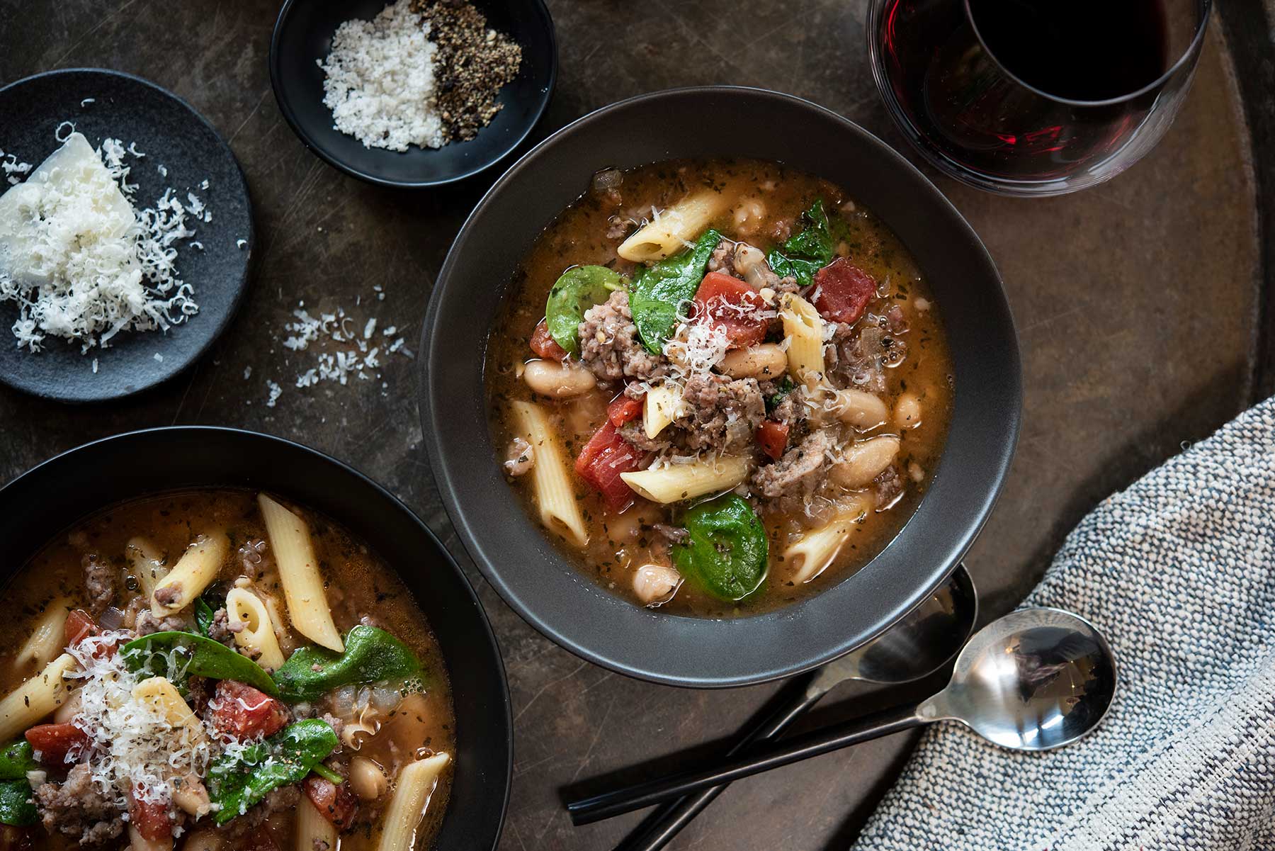 Penne and White Bean Soup with Italian Sausage and Fresh Spinach 