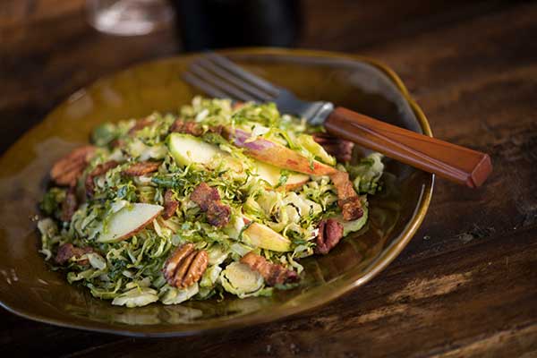 Roasted Brussel Sprout Salad with Apples, Bacon and Toasted Pecans 