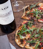 Roasted Red Pepper and Hamburger Pizza with Smoked Mozzarella and Fresh Arugula